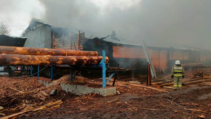 В Карпинске потушили масштабный пожар на территории деревообрабатывающего предприятия