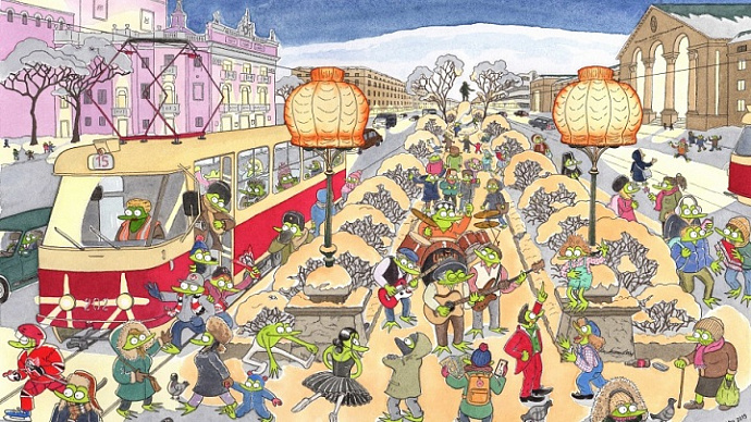 Итальянец нарисовал открытку с Екатеринбургом: городские знаменитости изображены в образе лягушек
